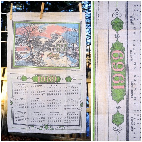 VTG 1969 Currier & Ives Linen Calendar Towel Winter Scene w/House, Horse & Buggy